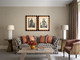 A Firmdale hotel suite featuring a sofa upholstered in Lost and Found Indoor Woven Indigo by Kit Kemp. The room balances earthy tones with rich blue pattern and layered ethnic textures.